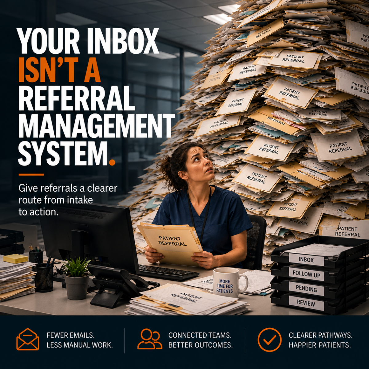 R3 Digital ad: a clinician at her desk beneath a towering pile of patient referrals